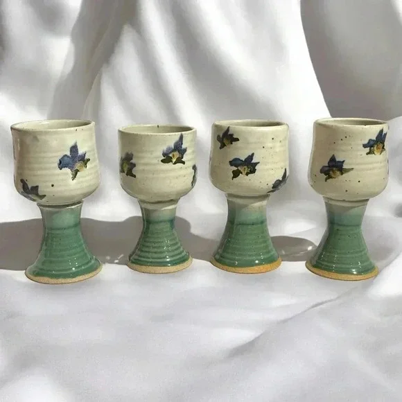 Vintage Handmade Orchid Stoneware Wine Goblet Set of 4 - Picture 2 of 7